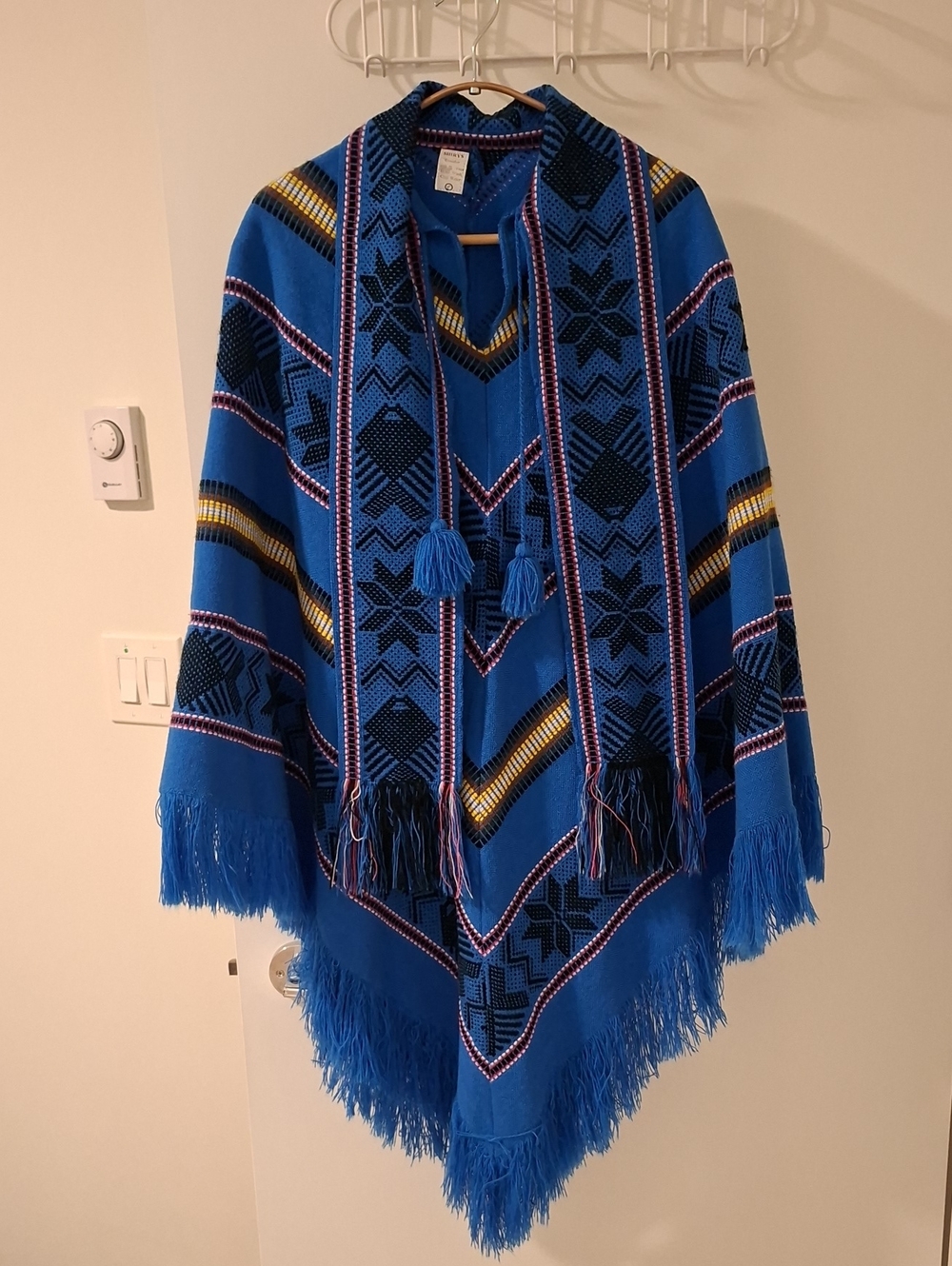 Vibrant Blue 100% Wool Poncho w/ Scarf, Tassels & Fringe from Ecuador (Size S-M)